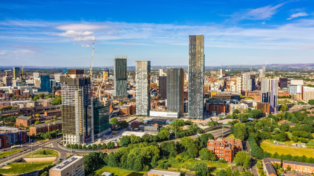 Aerial shot of Manchester UK on a beautiful summer day